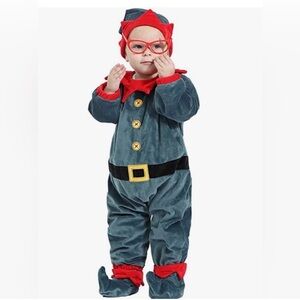 Baby Toddler 9-12 Months Elf Costume. One Piece with Hat and Booties Velvet